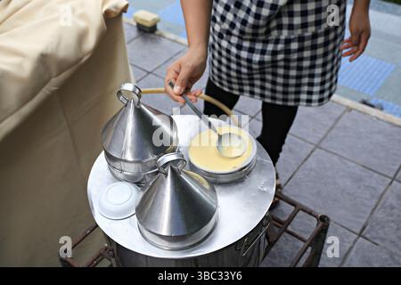 Thai Khanom Tua Pap (boulettes de haricots mungo sucrés) est un dessert thaïlandais à base de farine de riz collante enroulée autour d'une garniture de haricots mungo pelés, de coco râpé Banque D'Images