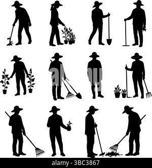Jardinier Silhouette Vector Set – hommes et femmes jardinage dans diverses poses. Collection de silhouettes de jardinier avec outils et plantes Illustration de Vecteur