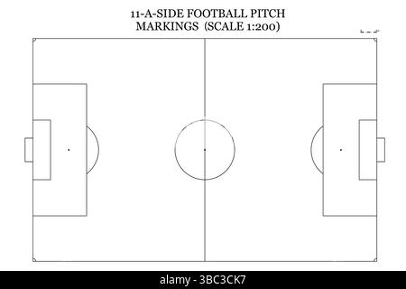 Schéma du terrain de football standard à 11 joueurs, avec des limites marquées et des zones de but pour la disposition du gameplay. Idéal pour les tactiques de coaching Banque D'Images