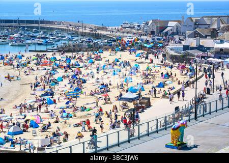 Lyme Regis, Dorset, Royaume-Uni. 18 mai 2025. Météo britannique. Les bains de soleil affluent vers la station balnéaire de Lyme Regis pour se prélasser sous le soleil brûlant. Crédit : Celia McMahon/Alamy Live News Banque D'Images