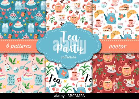 Motifs vectoriels de partie de thé sucré avec théières, tasses, desserts, baies et fleurs. Idéal pour les invitations, le tissu, l'emballage et les thèmes féminins confortables Illustration de Vecteur