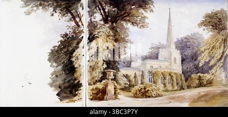 Carnet de croquis : Derbyshire et Sussex. École de Joseph Mallord William Turner R.A., attribuée à George Harley. c. 1834. Montre vue de l'église Marie la Vierge, dans le Leicestershire. Banque D'Images