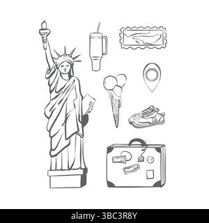 Dessin vectoriel New York, contour dessiné à la main, style d'esquisse, éléments isolés. Statue de la liberté USA et éléments de voyage. Illustration vectorielle. Illustration de Vecteur