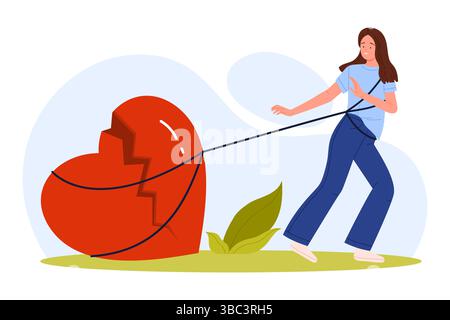 Mauvaise relation et divorce, problème de séparation, chagrin et frustration, psychologie. Fille triste au cœur brisé attachée avec une corde au cœur brisé avec une fissure, illustration vectorielle de dessin animé de douleur de la femme Illustration de Vecteur
