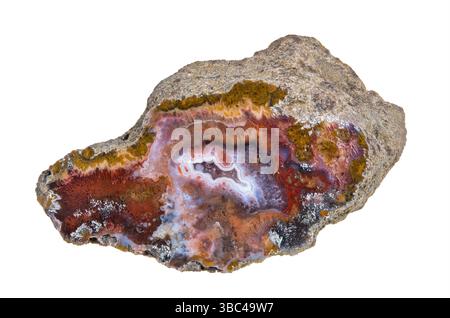 Gros plan d'agate gemme polie coupée passant à jasper rouge isolé sur fond blanc. Belle petite géode à l'intérieur de la section transversale de pierre minérale naturelle. Banque D'Images