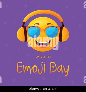 illustration vectorielle de jour emoji du monde avec emoji visage souriant dans des lunettes de soleil et des écouteurs. Illustration de Vecteur