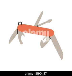 multitool de camping rouge simple. Couteau de poche multi-usage dans un style plat pour l'équipement de camping extérieur. Concept de survol de l'outil multifonction. Moderne Illustration de Vecteur