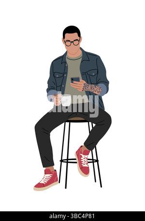Jeune homme branché assis avec café et téléphone Illustration de Vecteur
