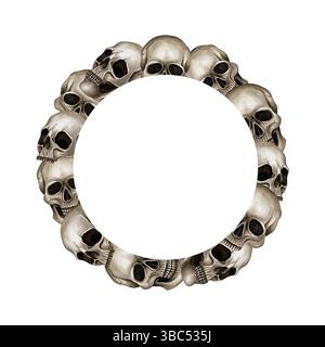 Cadre avec crânes. Illustration de cercle d'aquarelle isolée de l'arrière-plan. Modèle dessiné à la main dans le style gothique, Halloween. Parfait pour les invitations Banque D'Images