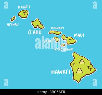 Hawaï carte mignon dessin animé doodle. Illustration dessinée à la main des îles hawaïennes dans un style vectoriel simple. Illustration de Vecteur
