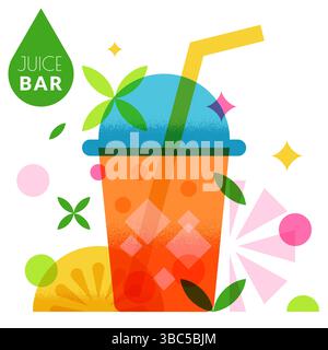 Étiquette vectorielle de barre de jus frais, conception de logo. Illustration géométrique plate moderne pour les boissons aux fruits tropicaux aux agrumes, limonade, menu de thé à bulles, bannière, pos Illustration de Vecteur