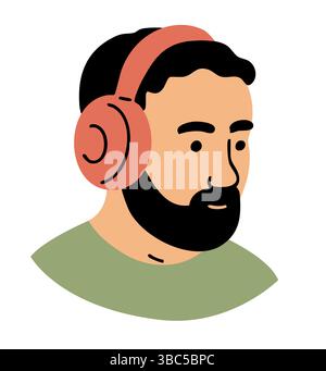Portrait de tête jeune homme avec barbe et écouteurs. Musique, radio, streaming. Profession créative en studio d'enregistrement et passe-temps. Illustration vectorielle plate i Illustration de Vecteur