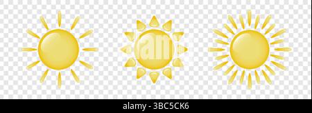 Ensemble de l'icône du soleil. Le soleil avec des reflets et des rayons sur un fond blanc. Illustration de Vecteur
