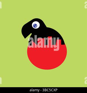 Logo oiseau abstrait, vecteur géométrique moderne avec tête noire et corps circulaire rouge, mouvement de picking réaliste Illustration de Vecteur