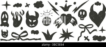 Ensemble de marqueurs d'amour girly Rock and roll dessinés. Cœur de charbon de bois punk avec le diable et l'ange gribouille. Eléments grunge de gribouillage. Coeur, arcs et croquis gr Illustration de Vecteur
