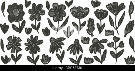 Ensemble texturé dessiné à l'encre de fleurs. Naïve florale linocut doodles isolés sur fond blanc. Marguerite, coquelicot, herbe, laisse des éléments d'esquisse. Vecteur childis Illustration de Vecteur