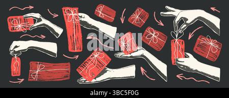 Mains effet photocopie tenant crayon cadeau ensemble. Éléments de collage surprise des fêtes. Femme main Get crayon présente des éléments. Joyeux anniversaire, anniversa Illustration de Vecteur
