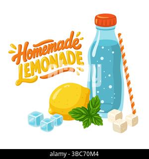 Limonade ingrédients bouteille de soda, citron, feuilles de menthe, glaçons, sucre. Illustration vectorielle de dessin animé sur fond blanc Illustration de Vecteur