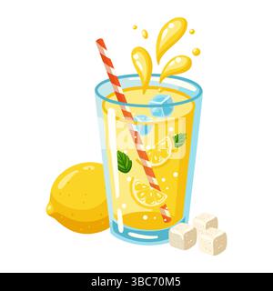 Limonade rafraîchissante en verre avec paille, citron plein et tranches, glaçons, feuilles de menthe, sucre. Illustration vectorielle de dessin animé Illustration de Vecteur