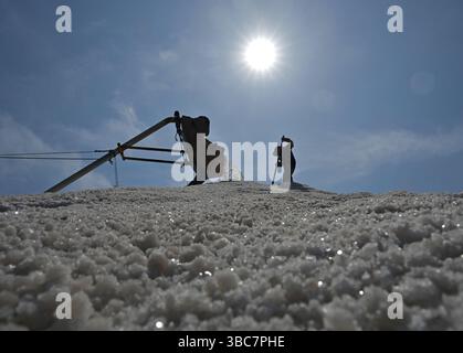 Pékin, province chinoise du Hebei. 18 mai 2025. Un travailleur travaille dans un champ de sel à Tangshan, dans la province du Hebei, au nord de la Chine, le 18 mai 2025. Crédit : Yang Shiyao/Xinhua/Alamy Live News Banque D'Images