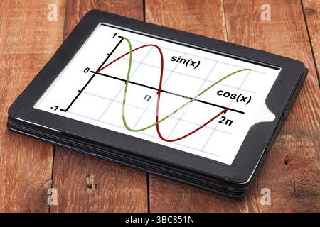 Graphique des fonctions sinus et cosinus sur une tablette numérique - science ou concept éducatif Banque D'Images