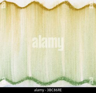 Fond abstrait vert et or - lignes ondulées et taches verticales de crayons pastel doux sur papier blanc Banque D'Images