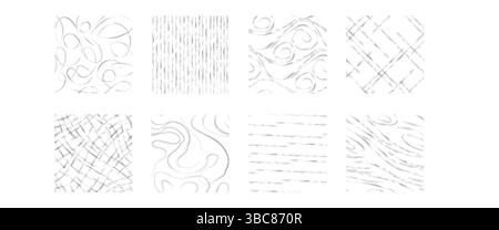 Ensemble de textures hachurées dessinées à la main - diverses techniques d'ombrage au crayon créant des motifs, des formes abstraites, des lignes courbes et des griffonnages. Collection d'éléments de conception graphique de style croquis monochrome. Illustration de Vecteur