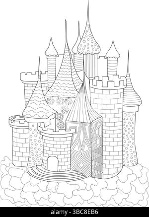 Illustration complexe d'art de ligne noir et blanc d'un château fantaisiste fantaisiste, parfait pour les livres de coloriage, les activités pour enfants, ou la conception décorative Illustration de Vecteur