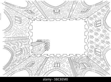 Illustration détaillée d'art au trait noir et blanc d'un château fantastique et abstrait ou d'une structure de bâtiment vue d'en bas. Comporte des répétitions complexes, Illustration de Vecteur