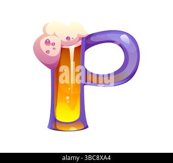 Vacances d'été de vacances de dessin animé font bière tankard lettre P. Summer kids ABC symbole de police, vecteur de loisirs touristiques signe de typeset. Élément de police de type alphabet anglais de voyage ou de vacances Illustration de Vecteur