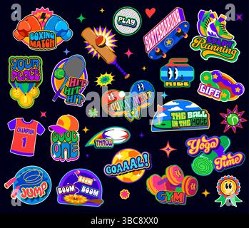 Autocollants groovy y2k patch de sport de fitness, étiquettes rétro funky avec football vectoriel, tennis et balles de jeu de football, skateboard, haltères, patin à roulettes. Autocollants et étiquettes de jeux sportifs funky y2k Illustration de Vecteur