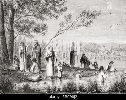 Pèlerins grecs baignant dans le Jourdain, XIXe siècle. Des cérémonies de la semaine Sainte à Jérusalem : les notes d'un voyageur. En vedette dans le Tour du monde, publié en 1862. Banque D'Images