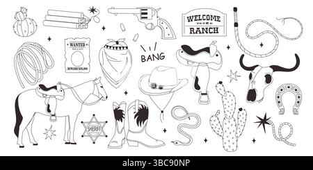 Ensemble de doodle Wild West Illustration de Vecteur