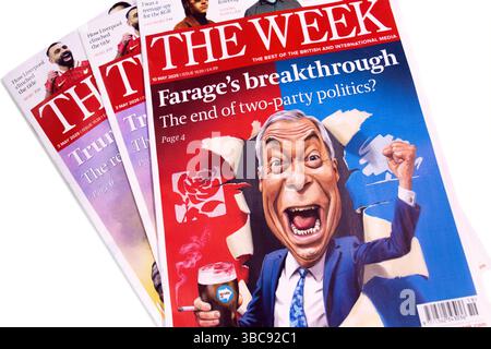 Caricature du chef réformiste Nigel Farage sur la couverture du magazine week. Le politicien britannique connu pour le populisme de droite, le Brexit et comme ancien député et UKIP Banque D'Images