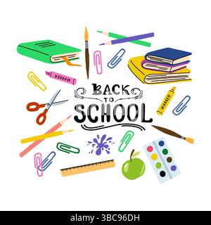 Retour à l'école avec papeterie colorée Illustration de Vecteur