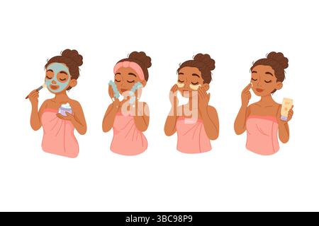 Illustration vectorielle montrant la femme appliquant le masque, nettoyant le visage, en utilisant des patchs oculaires et de la crème solaire dans la séquence complète de la procédure de soins de la peau. Illustration de Vecteur