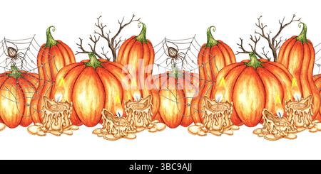 Citrouilles et bougies fondantes, toile et araignée. Illustration dessinée à la main sur le thème d'Halloween. Isolé de l'arrière-plan. Motif horizontal, bordure, ruban Banque D'Images