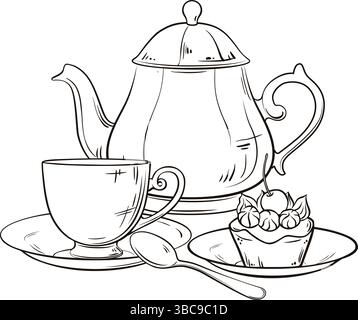 Tasse de thé, théière et illustration de contour de gâteau. Illustration de Vecteur