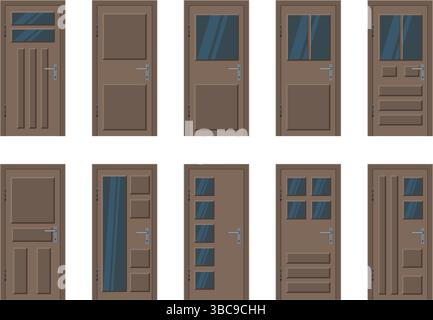 portes de maison en bois avant dans un design plat. Porte d'entrée marron avec lunettes Illustration de Vecteur