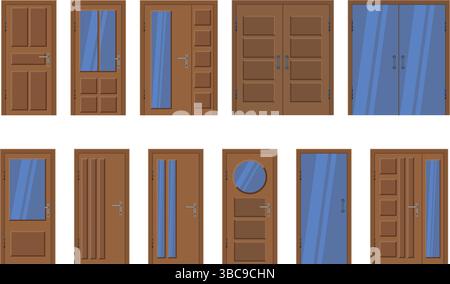 collection de portes en bois de maison d'entrée marron avec vecteur plat en verre Illustration de Vecteur