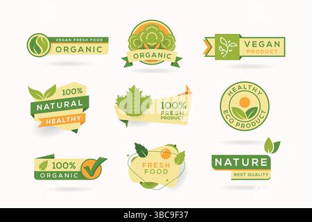 Fresh Green Leaves Collection de nature, étiquettes biologiques et emblèmes dans un design coupé en papier. Illustration de Vecteur