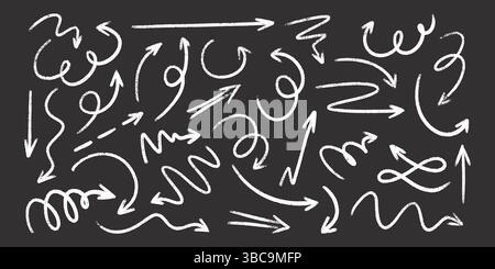 Craie flèche doodles fixés sur tableau noir - tourbillons blancs dessinés à la main, courbes, pointeurs. Illustration de Vecteur