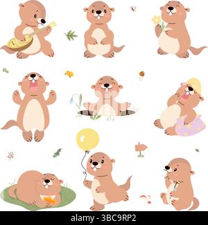 Marmottes de dessin animé. Marmottes diverses poses, marmotte dormant, salut le printemps, jouer de la musique. Masconte drôle d'enfants animaux sauvages de nos jours vecteur Illustration de Vecteur