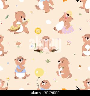 Motif marmottes sans couture. Dessin animé marmotte ou personnages drôles de marmotte. Animaux de style enfantin, conception d'impression pour tissu ou papier peint, de nos jours Illustration de Vecteur
