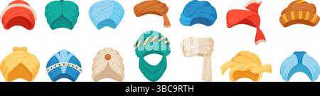 Coiffe orientale. Différents éléments de dessin animé turbans, accessoires de tête islamique musulmane. Symboles arabes isolés, costume de sultan, ensemble de vecteurs néotériques Illustration de Vecteur