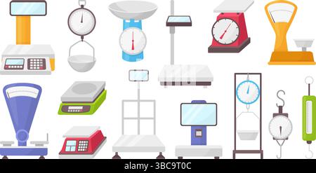 Dessin animé à différentes échelles. Balance de vente au détail isolée, appareils mécaniques et électroniques pour peser des produits, des médicaments, des personnes. Mesure du poids néotérique Illustration de Vecteur