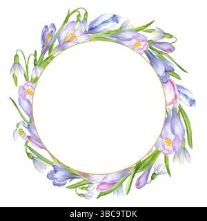 Couronne printanière de fleurs de crocus mauves, bleues et roses, fleurs de gouttes de neige blanches et feuilles vertes et cadre minuscule en or. Couronne circulaire. Printemps GA Banque D'Images