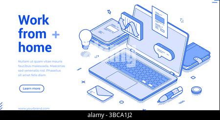 Travailler à distance à distance bureau Internet portable bannière Web illustration vectorielle isométrique. Télétravail freelance cyberspace en ligne technolo numérique Illustration de Vecteur