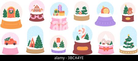 Boule à neige cartoon. Globes en verre de Noël avec boîtes à cadeaux, voiture, arbre de Noël, boîte aux lettres santa. Décorations de maison de vacances d'hiver, clipart vectoriel racé Illustration de Vecteur
