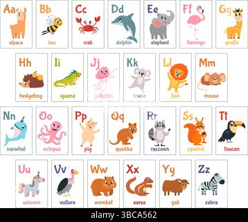 Enfants cartes alphabet avec des animaux. Eléments éducatifs préscolaires ou maternels pour la lecture pédagogique. Animal de dessin animé mignon, ensemble vectoriel chic Illustration de Vecteur